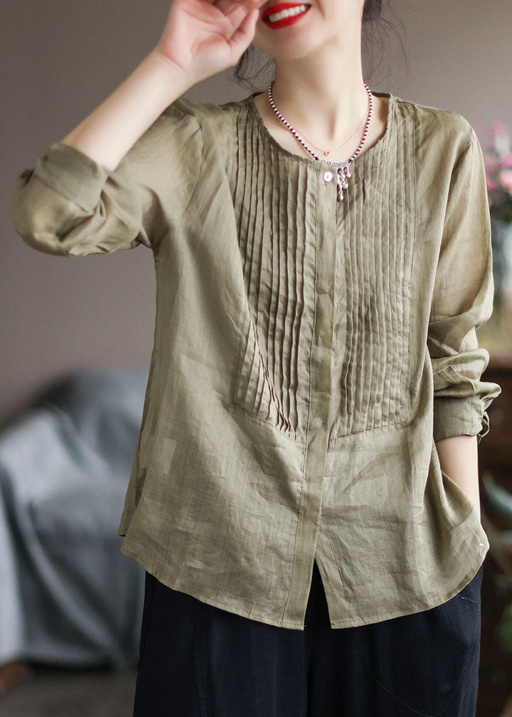 Army Green Patchwork Linen Shirt Top Wrinkled Long Sleeve