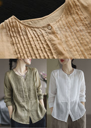 Army Green Patchwork Linen Shirt Top Wrinkled Long Sleeve