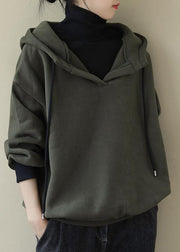 Army Green drawstring Casual Warm Fleece Sweatshirts Top Spring