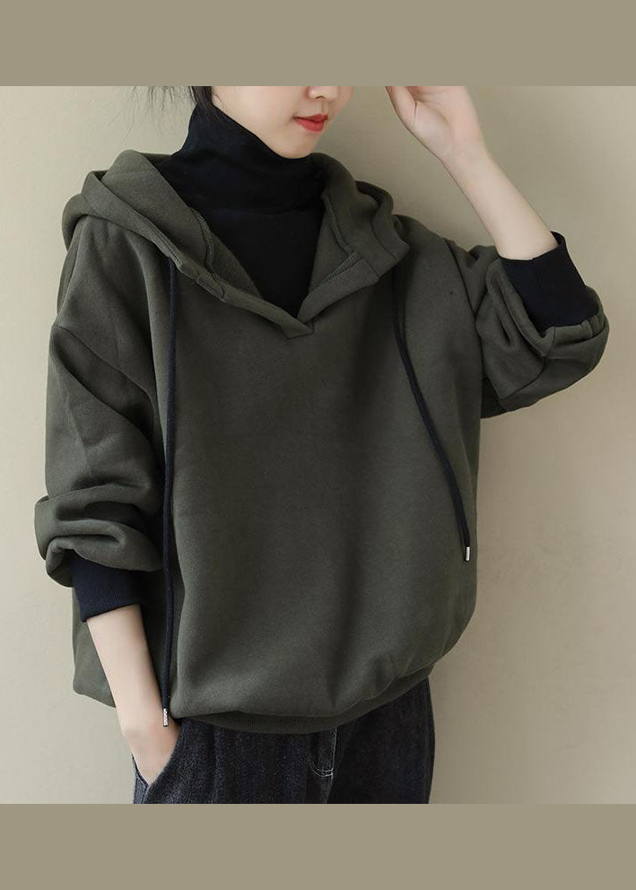 Army Green drawstring Casual Warm Fleece Sweatshirts Top Spring