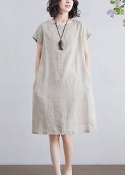 Art Beige O-Neck Tie Waist Linen Mid Dresses Short Sleeve