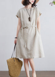 Art Beige O-Neck Tie Waist Linen Mid Dresses Short Sleeve