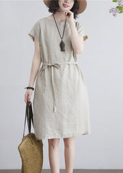 Art Beige O-Neck Tie Waist Linen Mid Dresses Short Sleeve