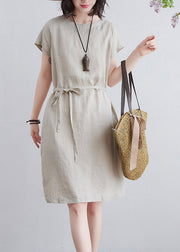 Art Beige O-Neck Tie Waist Linen Mid Dresses Short Sleeve