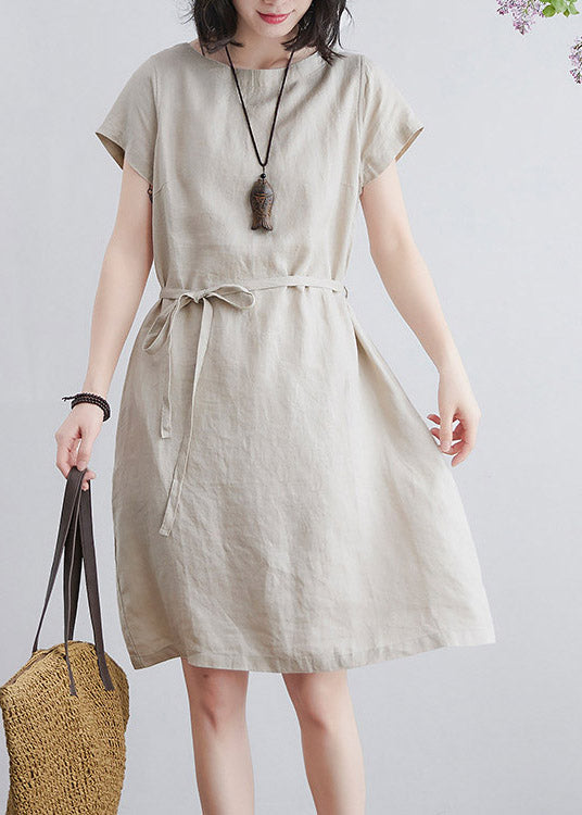 Art Beige O-Neck Tie Waist Linen Mid Dresses Short Sleeve