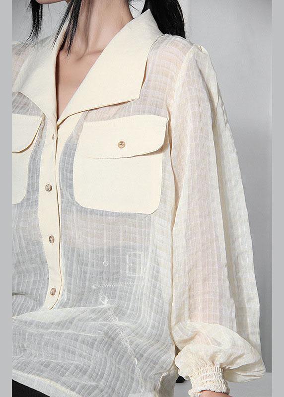 Art Beige Plaid Pockets Button Blouse Tops Summer - SooLinen