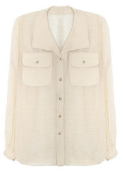 Art Beige Plaid Pockets Button Blouse Tops Summer - SooLinen