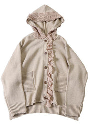 Art Beige hooded Button Pockets Fall Knit Sweaters Coat - SooLinen