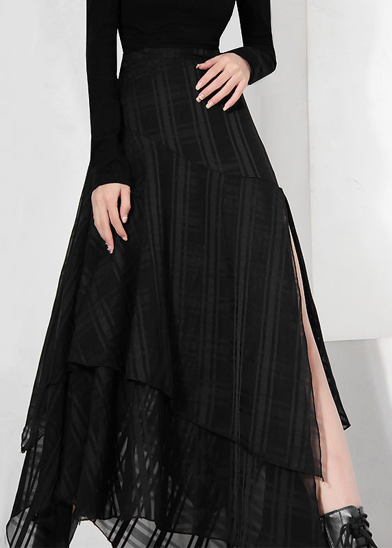 Art Black Asymmetrical Plaid Chiffon Skirt Spring