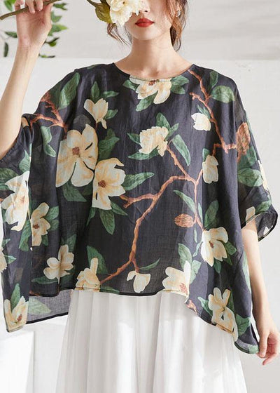 Art Black Bat Sleeve Asymmetrical Print Summer Ramie Blouse Tops Half Sleeve - SooLinen