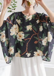 Art Black Bat Sleeve Asymmetrical Print Summer Ramie Blouse Tops Half Sleeve - SooLinen