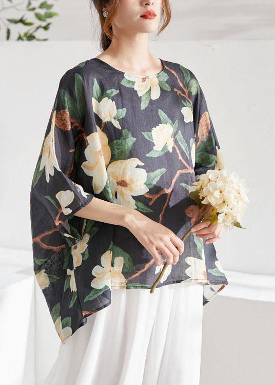 Art Black Bat Sleeve Asymmetrical Print Summer Ramie Blouse Tops Half Sleeve - SooLinen