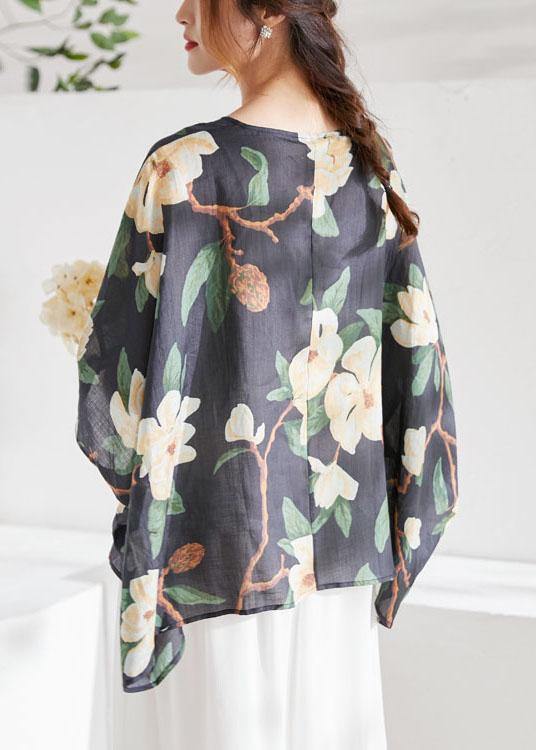 Art Black Bat Sleeve Asymmetrical Print Summer Ramie Blouse Tops Half Sleeve - SooLinen