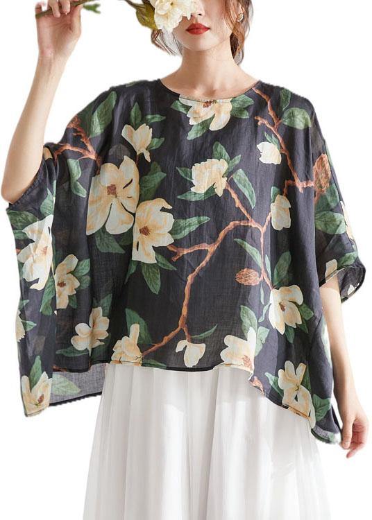 Art Black Bat Sleeve Asymmetrical Print Summer Ramie Blouse Tops Half Sleeve - SooLinen