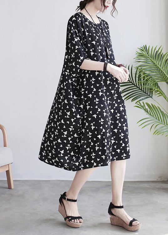 Art Black Butterfly Print Loose Spring Cotton Dress - SooLinen