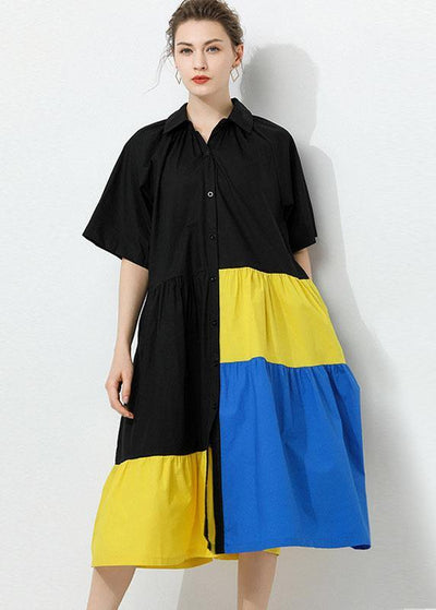 Art Black Patchwork PeterPan Collar Button Summer Cotton Dress Half Sleeve - SooLinen