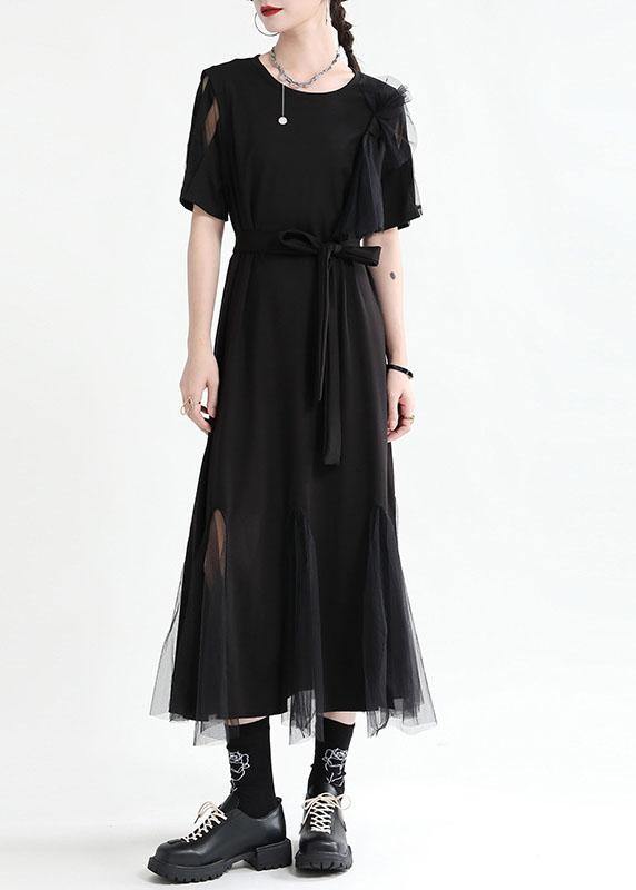 Art Black Patchwork Tulle Summer Tie Waist Dress Short Sleeve - SooLinen