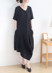 Art Black Short Sleeve Casual Maxi Summer Linen Dress - SooLinen