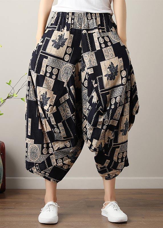 Art Black White Print Wide Leg Cotton Linen Pants Summer - SooLinen