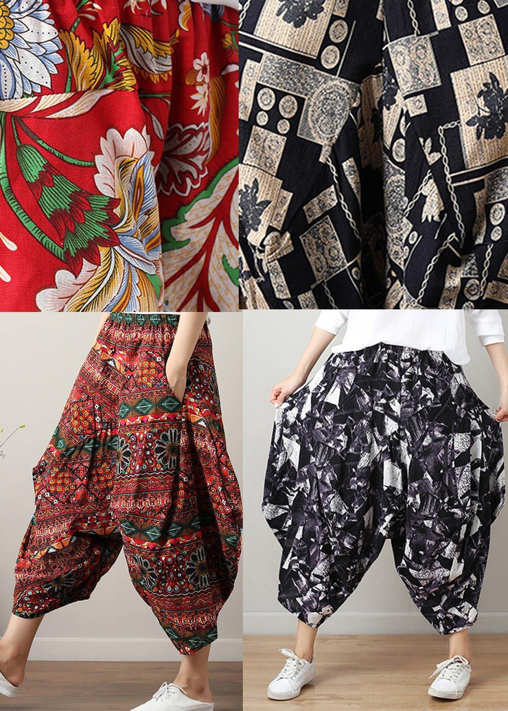 Art Black White Print Wide Leg Cotton Linen Pants Summer - SooLinen