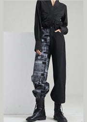 Art Black Zip Up Patchwork denim Pants Spring