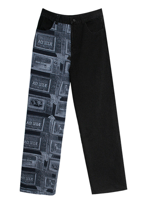 Art Black Zip Up Patchwork denim Pants Spring