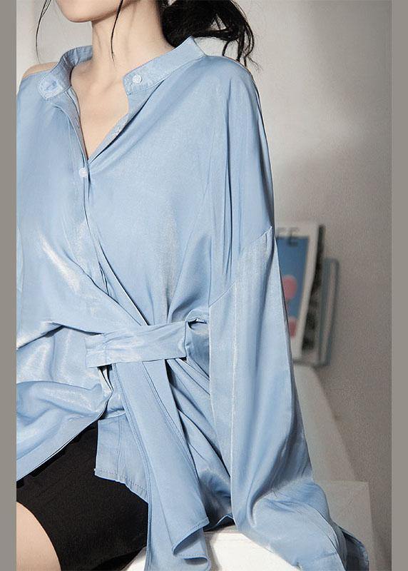 Art Blue Asymmetrical design Backless Long sleeve Summer Shirt - SooLinen