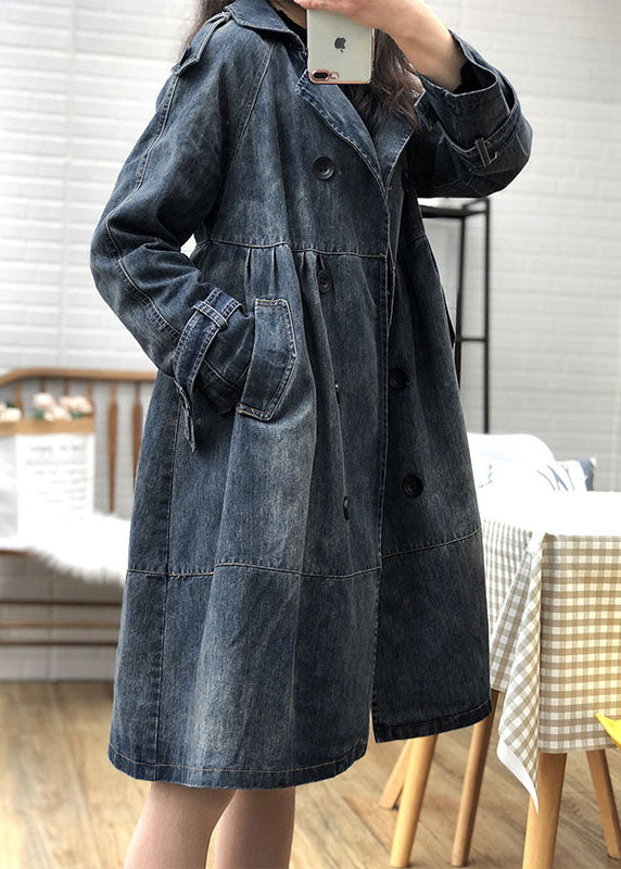 Art Blue Bubikragen Taschen Knopf Herbst Denim Trenchcoats Mantel