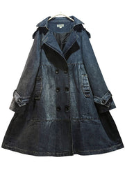 Art Blue Peter Pan Collar Pockets Button Fall Denim Trench Coats Coat