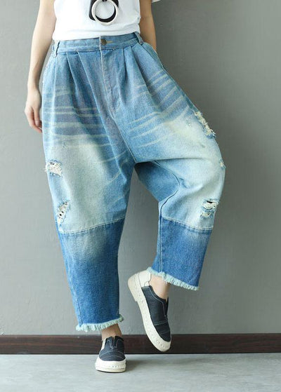 Art Blue Pockets Button Hole Fall Patchwork Pants - SooLinen