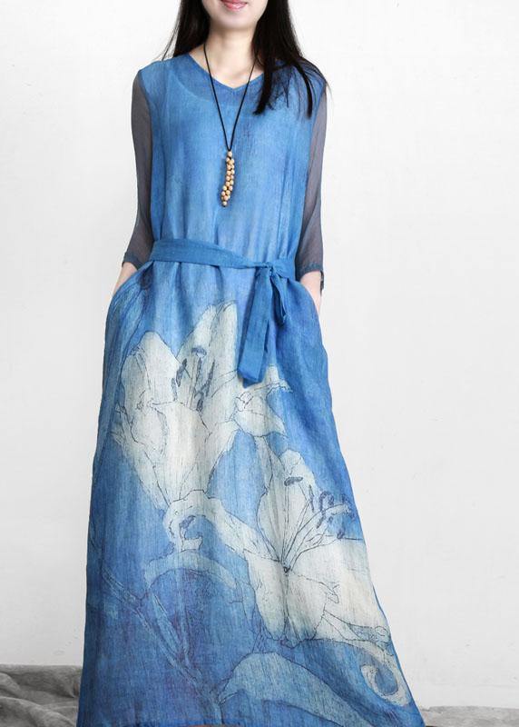 Art Blue Print Linen Tunic Patchwork Dress - SooLinen