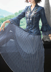 Art Blue Stand Collar Embroideried Denim Coats Flare Sleeve And Dot Print Chiffon Skirts Two Piece Set Women Clothing