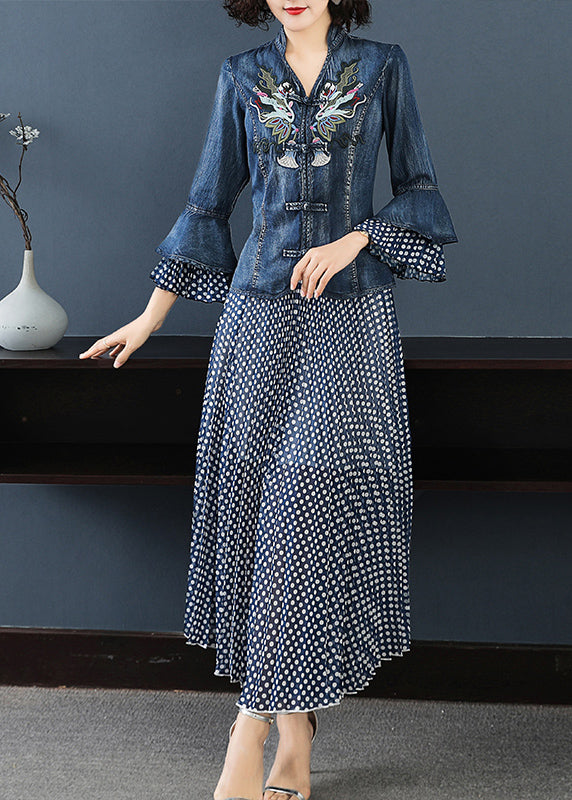 Art Blue Stand Collar Embroideried Denim Coats Flare Sleeve And Dot Print Chiffon Skirts Two Piece Set Women Clothing