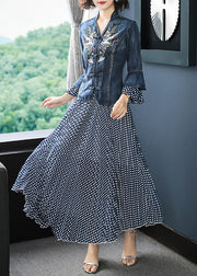 Art Blue Stand Collar Embroideried Denim Coats Flare Sleeve And Dot Print Chiffon Skirts Two Piece Set Women Clothing