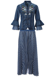 Art Blue Stand Collar Embroideried Denim Coats Flare Sleeve And Dot Print Chiffon Skirts Two Piece Set Women Clothing