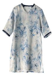 Art Blue V Neck Side Open Print Linen Shirt Top Short Sleeve