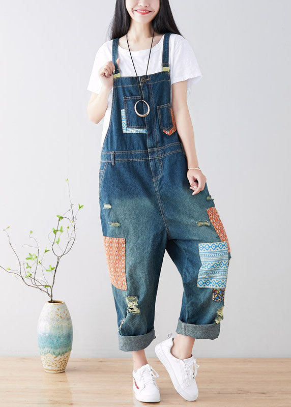 Kunstblaue Taschen Patchwork zerrissener Jeans-Jumpsuit Frühling