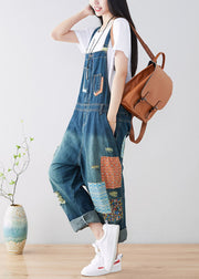 Kunstblaue Taschen Patchwork zerrissener Jeans-Jumpsuit Frühling