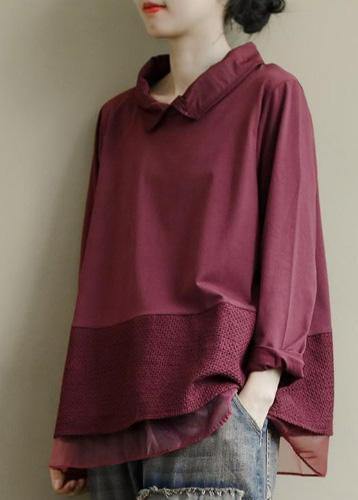 Art Burgundy Patchwork Baggy Shirt Clothes Lapel - SooLinen