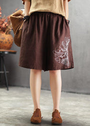 Art Chocolate Embroideried tie waist Linen hot Pants - SooLinen