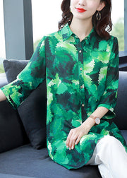 Art Green Button Bubikragen Drucken Lange Chiffon-Bluse Tops halbe Ärmel