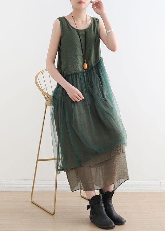 Art Green Patchwork Cotton Summer Dresses - SooLinen