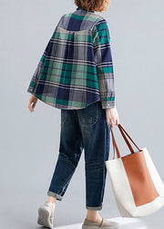 Art Green Pockets Button Patchwork Fall Plaid Long sleeve Top