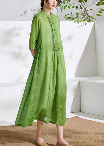 Art Green Ruffled Button Summer Ramie Party Dresses Half Sleeve - SooLinen