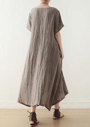 Art Khaki O-Neck Linen Summer Maxi Dresses - SooLinen