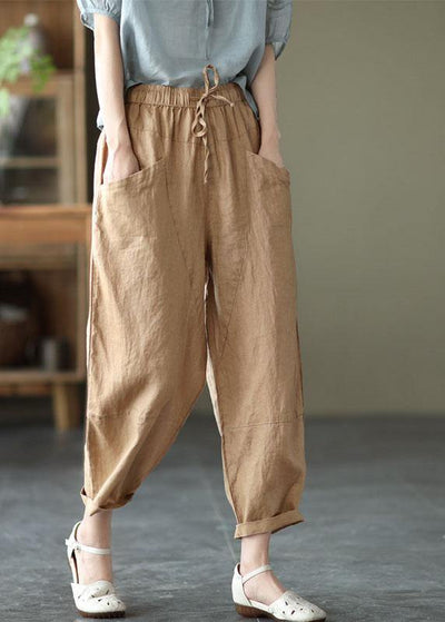 Art Khaki Tie Waist Pockets Summer Harem Pants Linen - SooLinen