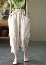 Art Khaki Tie Waist Pockets Summer Harem Pants Linen - SooLinen