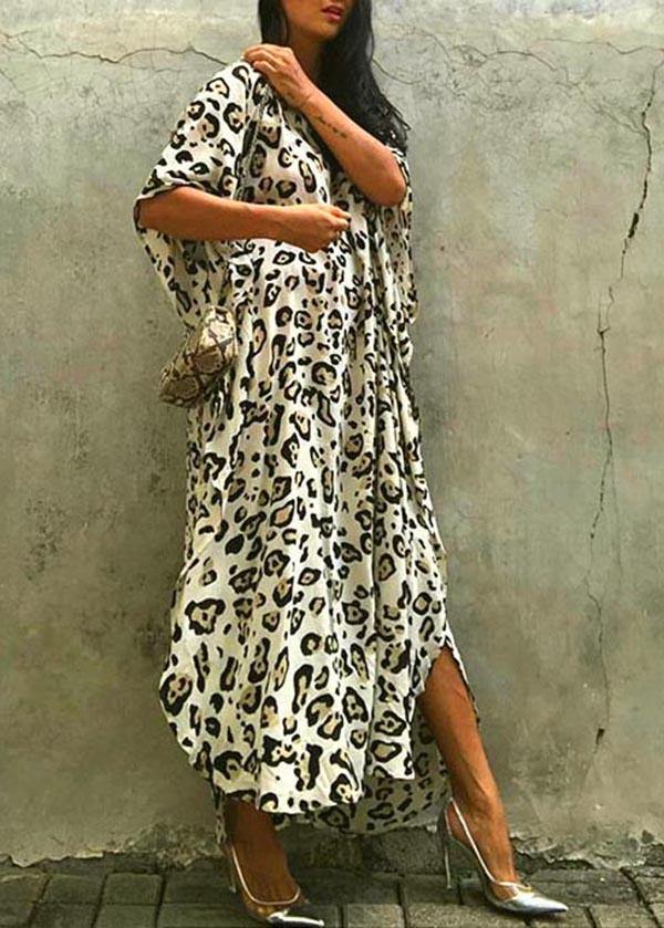 Art Leopard tie waist Cotton Dress  Summer Beach Gown - SooLinen