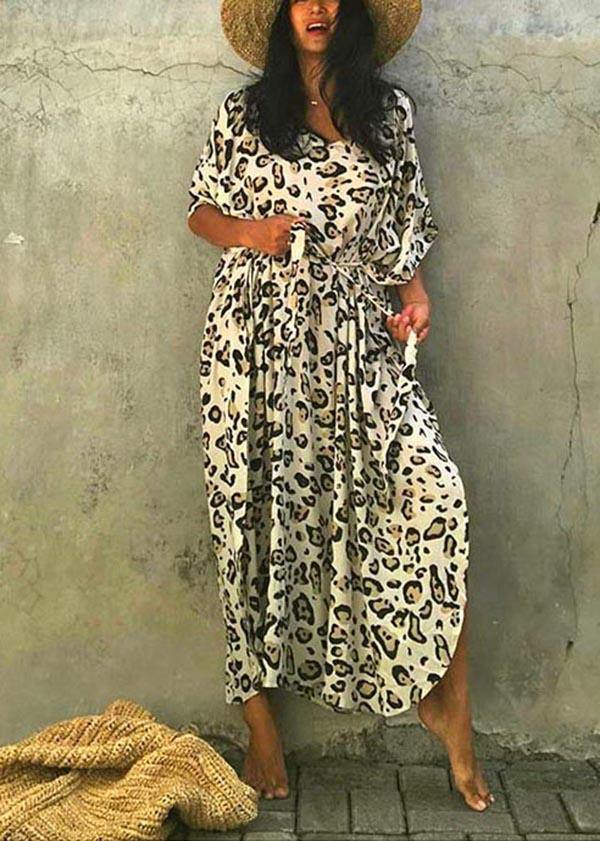 Art Leopard tie waist Cotton Dress  Summer Beach Gown - SooLinen