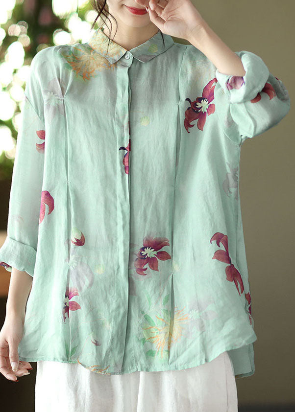 Art Light Green Peter Pan Collar Print Ramie Shirts Long Sleeve